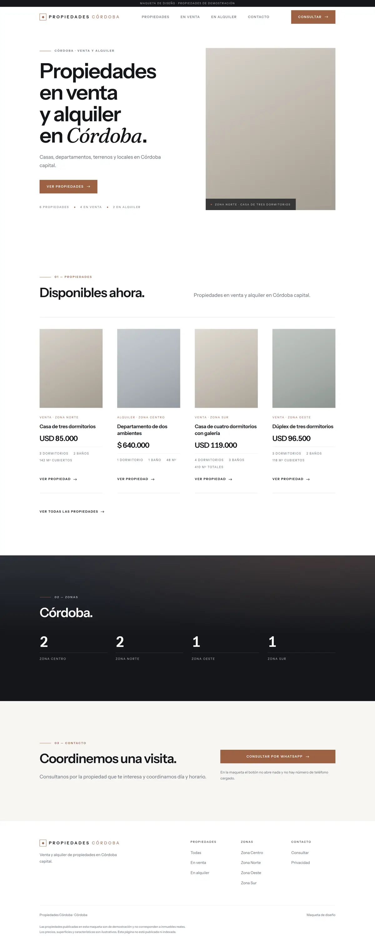 Captura completa de la portada de Propiedades Córdoba, de arriba abajo